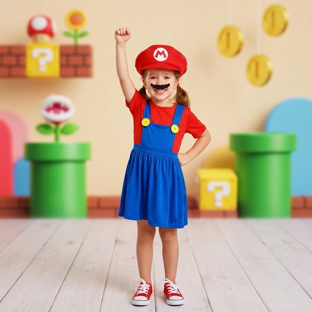 Super Mario Costume Kids Girl Dress Super Mario with Hat and Mustache Size M